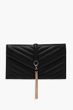 Boohoo Pu Quilt & Tassel Clutch & Chain