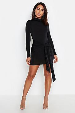 Boohoo High Neck Skinny Tie Detail Bodycon Mini Dress