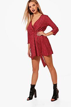 Boohoo Tanya Spotted Wrap Tie Waist Dress