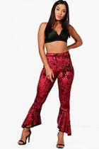 Boohoo Elle Velvet Dipped Hem Flared Trousers