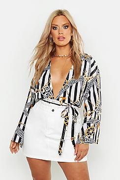Boohoo Plus Chain Print Wrap Tie Blouse