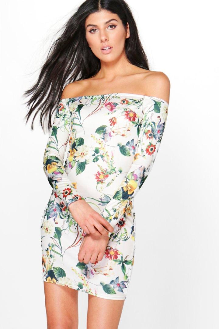 Boohoo Xenia Printed Off Shoulder Bodycon Dress Cream