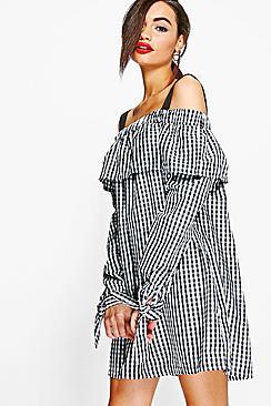 Boohoo Julia Gingham Off Shoulder Tie Smock Dress