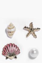 Boohoo Honey Shell & Starfish Mermaid Mixed 4 Earring Set Gold