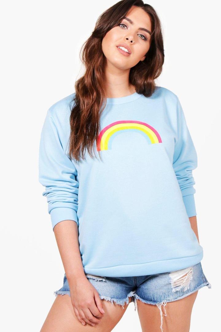 Boohoo Plus Amelia Rainbow Print Oversized Sweat Top Blue