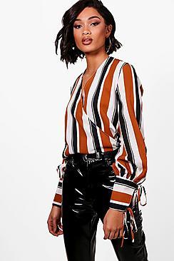 Boohoo Tall Olivia Wide Stripe Tie Cuff Detail Wrap Top