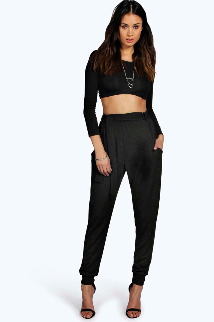Boohoo Luella Soft Crepe Tie Waist Relaxed Jogger Black