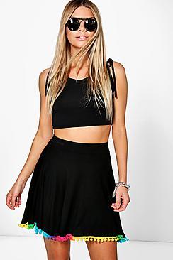 Boohoo Flavia Multi Coloured Pom Pom Skater Skirt