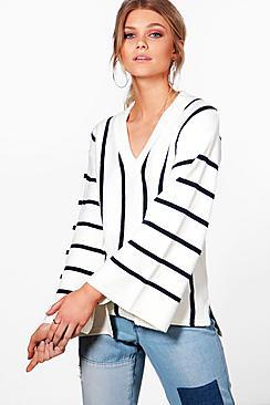 Boohoo Petite Bethany Stripe Wide Sleeve Jumper