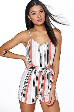Boohoo Bella Belted Striped Cami Playsuit