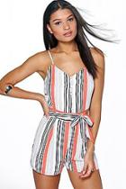 Boohoo Bella Belted Striped Cami Playsuit