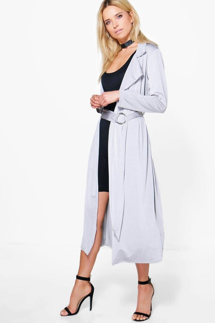 Boohoo Deborah Ring Detail Slinky Maxi Trench Silver