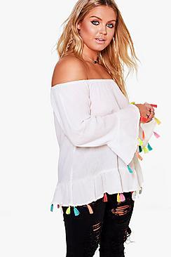 Boohoo Plus Misha Pom Pom Trim Off The Shoulder Top