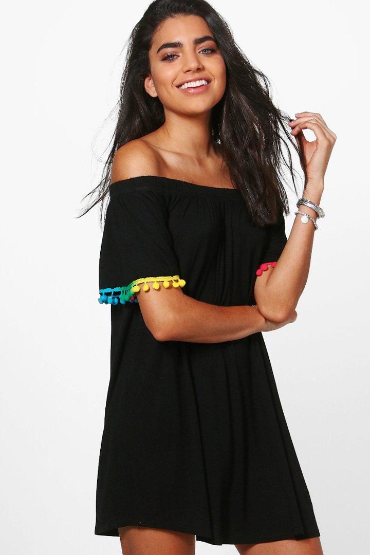 Boohoo Eva Pom Pom Bardot Beach Dress Black