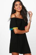 Boohoo Eva Pom Pom Bardot Beach Dress Black