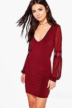 Boohoo Trixy Mesh And Lace Sleeve Bodycon Dress