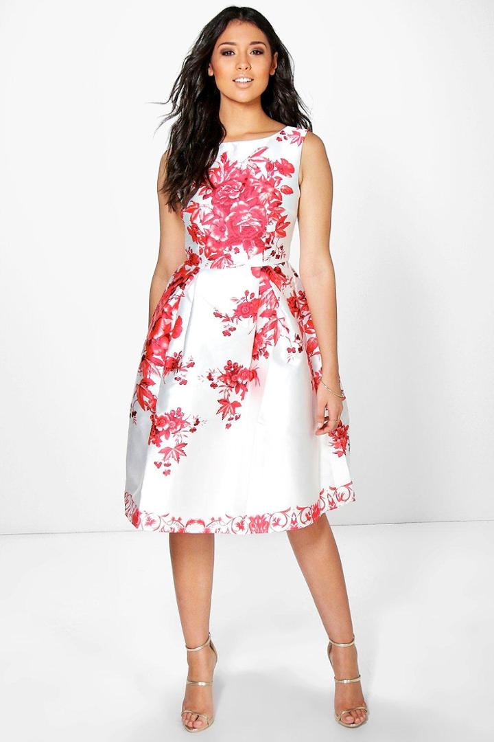 Boohoo Boutique Dora Porcelain Print Sateen Skater Dress Red