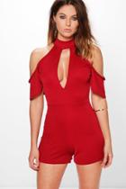 Boohoo Nia Cold Shoulder High Neck Plunge Playsuit Berry
