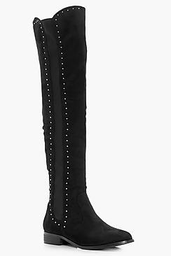 Boohoo Mae Stud Trim Stretch Flat Over The Knee Boot