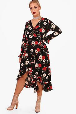 Boohoo Plus Riley Floral Ruffle Wrap Tea Dress