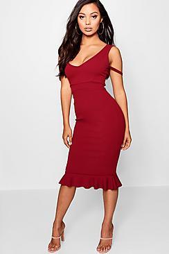 Boohoo Petite Plunge Neck Crepe Pep Hem Midi Dress