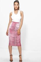 Boohoo Niara Rouched Front Velvet Midi Skirt Rose