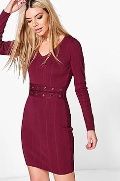 Boohoo Constantina Lace Up Middle Ribbed Knit Dress