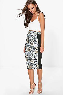 Boohoo Abriana Dark Floral Panelled Midi Skirt