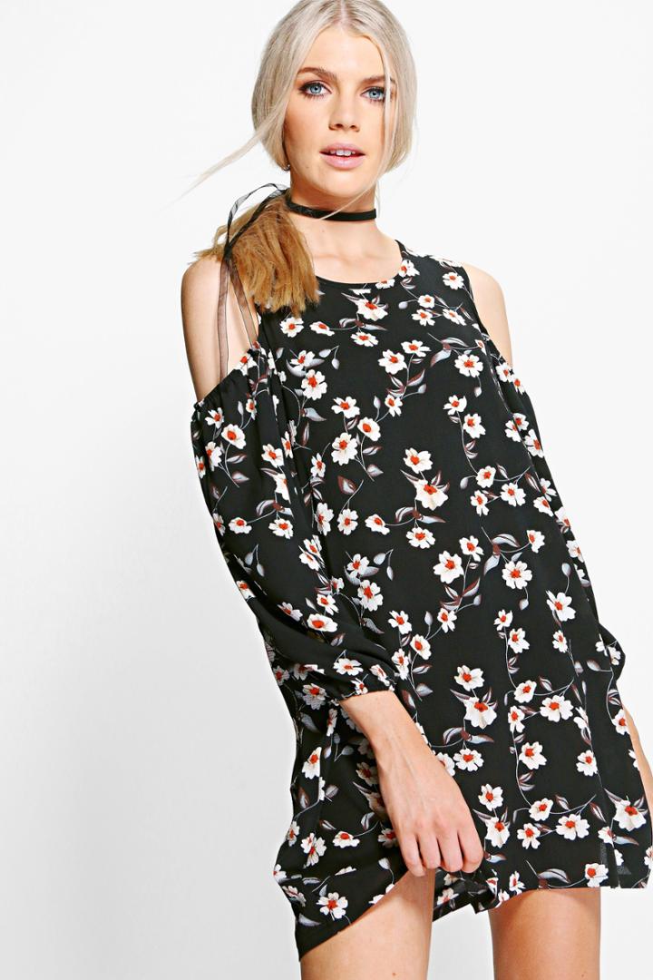 Boohoo Alexandria Floral Cold Shoulder Shift Dress Black