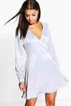 Boohoo Melody Satin Wrap Over Skater Dress Silver