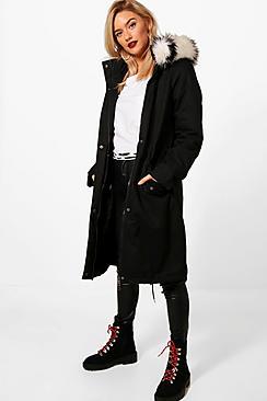 Boohoo Rebecca Stripe Faux Fur Trim Oversized Parka