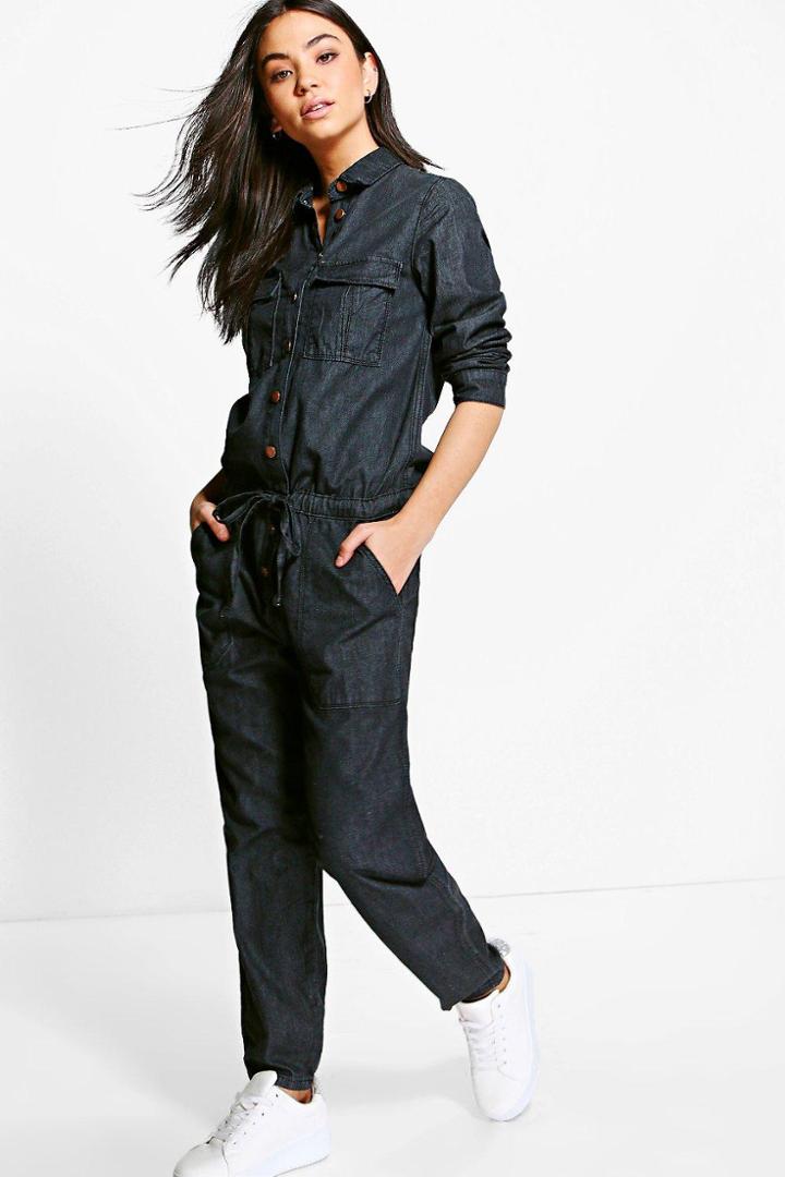 Boohoo Sofia Denim Tie Waist Boilersuit Black