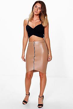 Boohoo Paola Zip Front Leather Look Midi Skirt