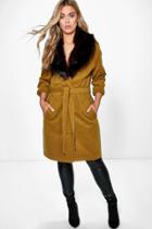 Boohoo Plus Lola Robe Coat With Faux Fur Shawl Collar Olive