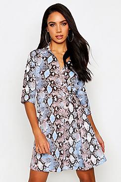 Boohoo Woven Snake Tie Waist Shirt Skater Dress