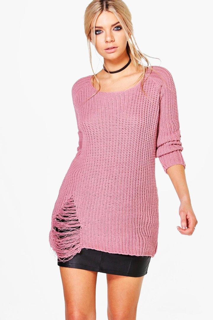 Boohoo Paige Distressed Fisherman Jumper Nude