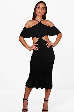 Boohoo Ash Strappy Frill Detail Cut Out Midi Dress