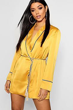 Boohoo Satin Piping Detail Belted Blazer Dress
