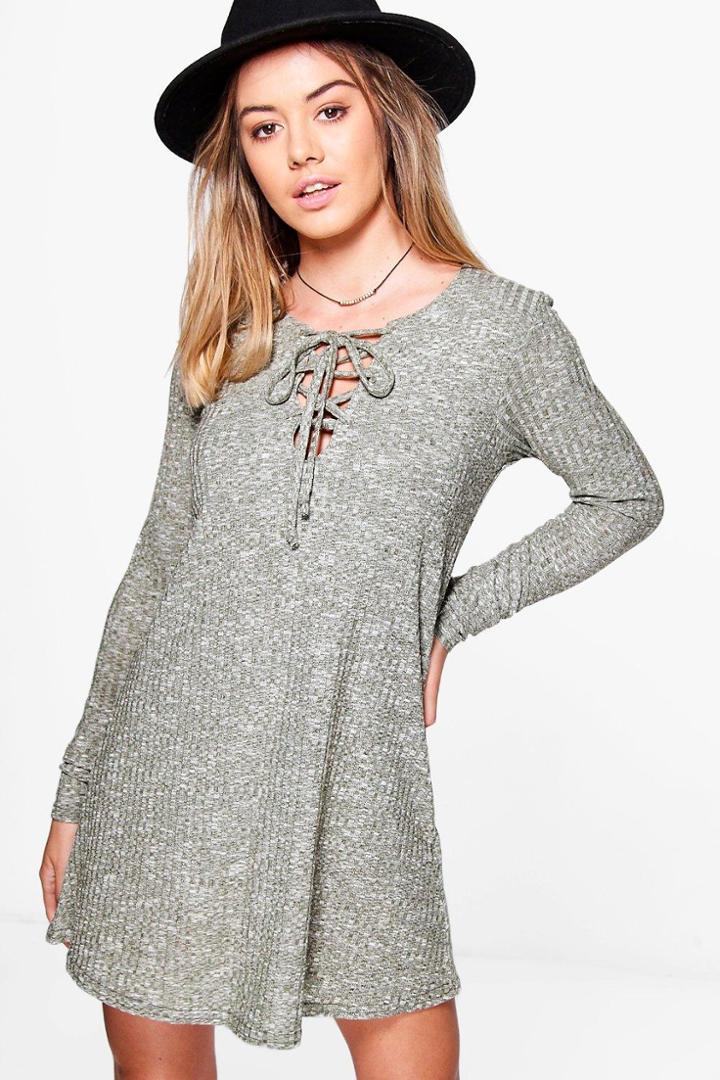 Boohoo Petite Amerie Lace Up Knitted Swing Dress Khaki