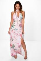 Boohoo Asari Floral Wrap Neck Tie Slinky Maxi Dress Multi