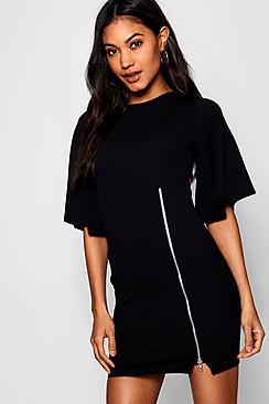 Boohoo Lola Zip Front Kimono Sleeve Bodycon Dress