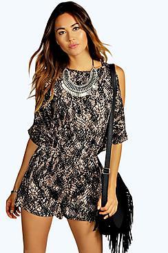 Boohoo Nia Snake Print Cold Shoulder Playsuit