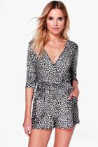 Boohoo Claire Animal Print Wrap Belted Playsuit Animal