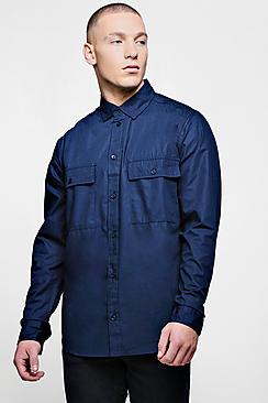 Boohoo Navy Double Pocket Long Sleeve Poplin Shirt