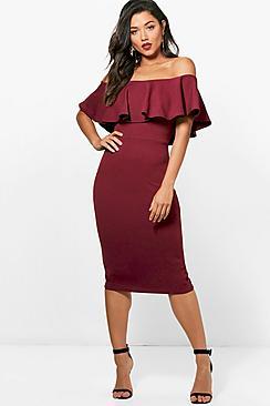 Boohoo Tanya Crepe Off The Shoulder Frill Midi Dress