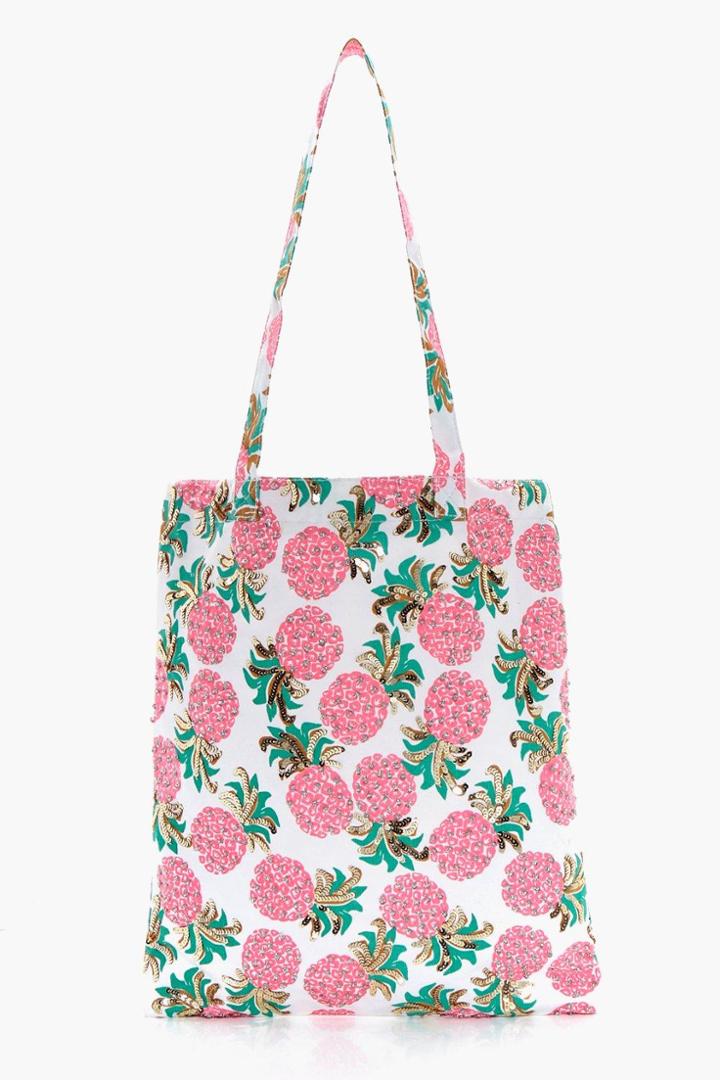 Boohoo Erin Embellished Pineapple Beach Bag Cream