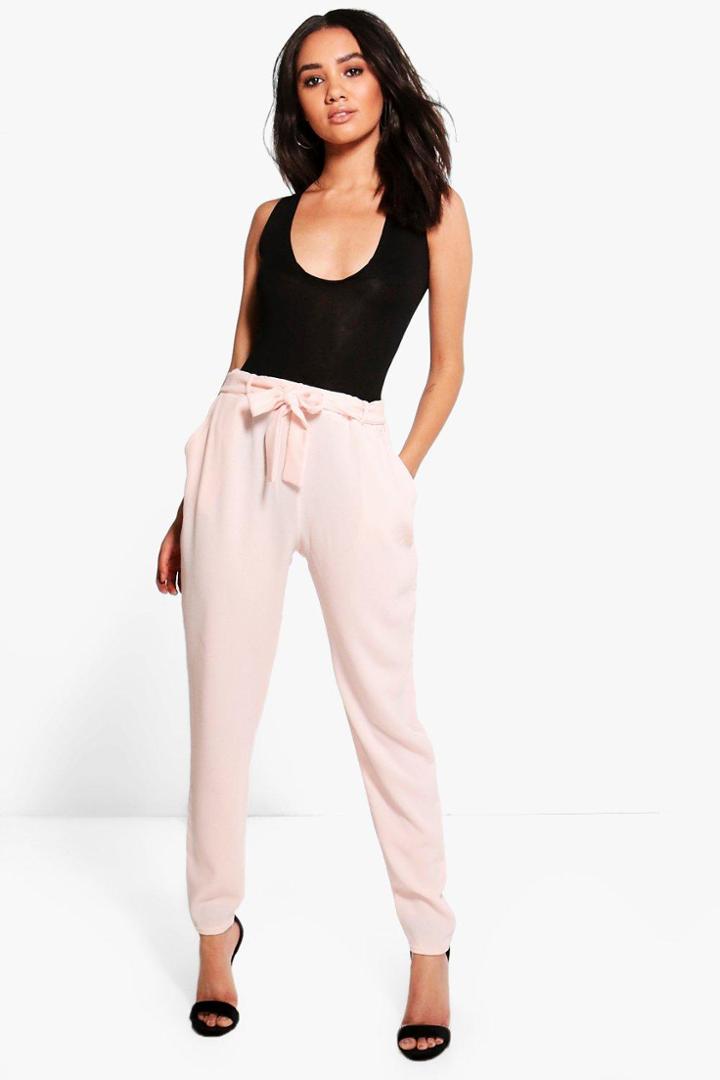 Boohoo Petite Maria Tie Waist Tappered Trousers Nude