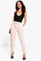Boohoo Petite Maria Tie Waist Tappered Trousers Nude