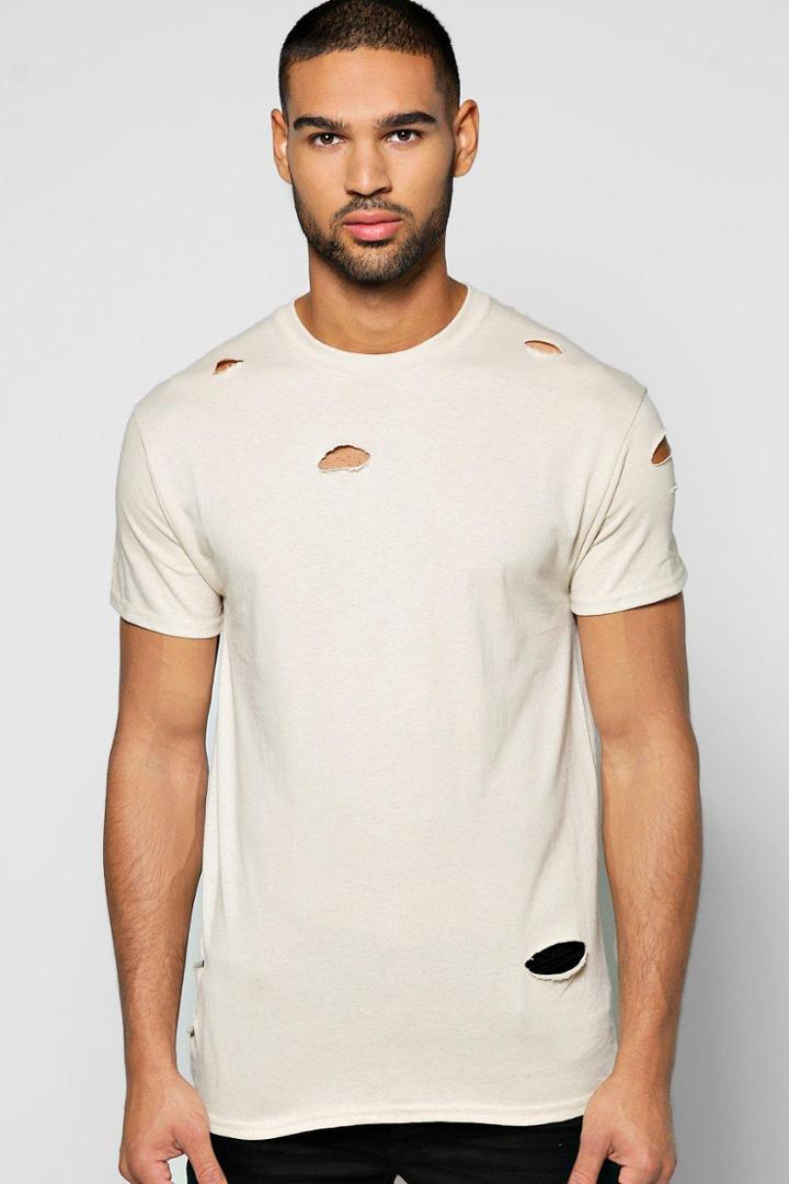 Boohoo Distressed Crew Neck T-shirt Sand