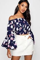 Boohoo Lissy Shirring Bardot Crop Top With Flare Sleeves